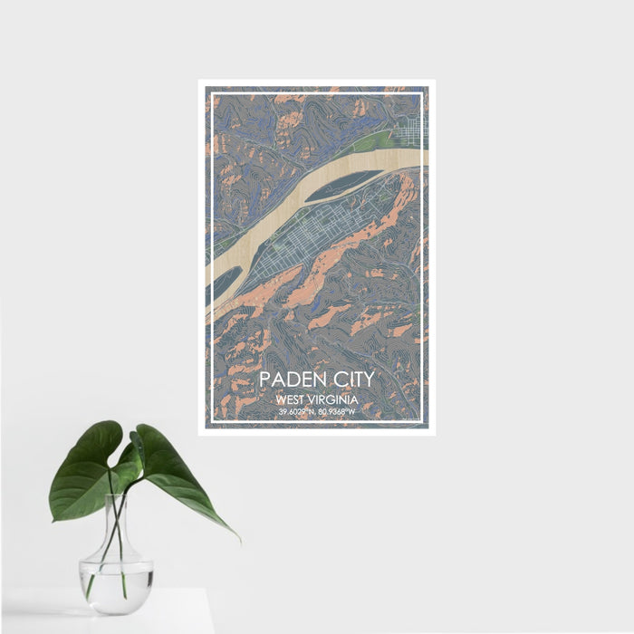 16x24 Paden City West Virginia Map Print Portrait Orientation in Afternoon Style With Tropical Plant Leaves in Water
