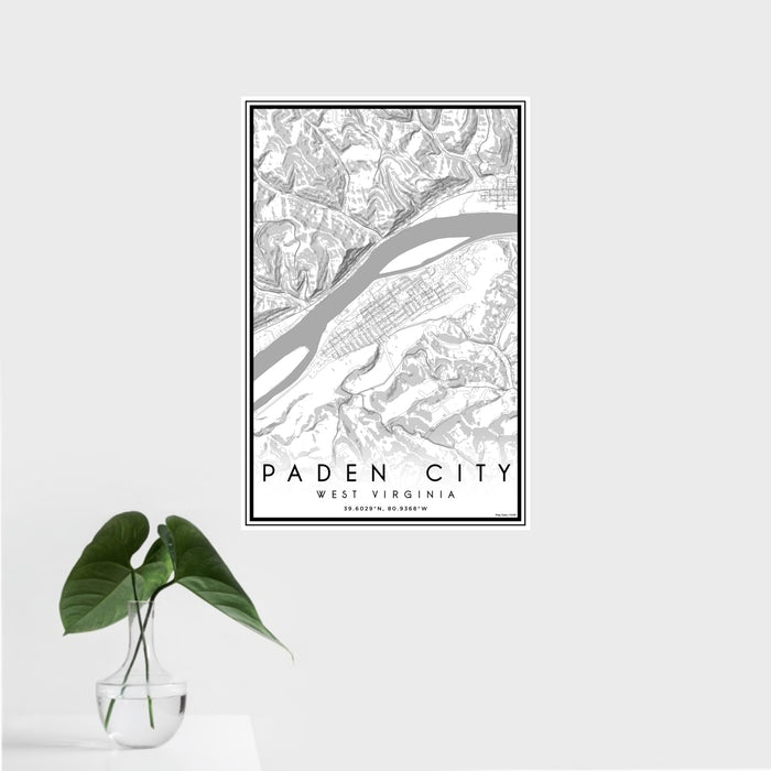 16x24 Paden City West Virginia Map Print Portrait Orientation in Classic Style With Tropical Plant Leaves in Water
