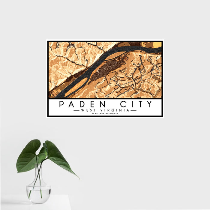 16x24 Paden City West Virginia Map Print Landscape Orientation in Ember Style With Tropical Plant Leaves in Water