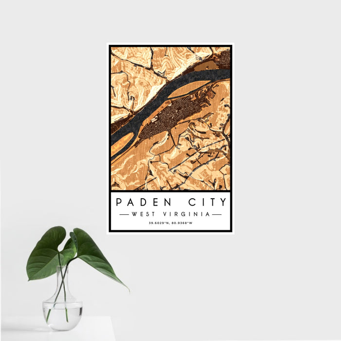 16x24 Paden City West Virginia Map Print Portrait Orientation in Ember Style With Tropical Plant Leaves in Water