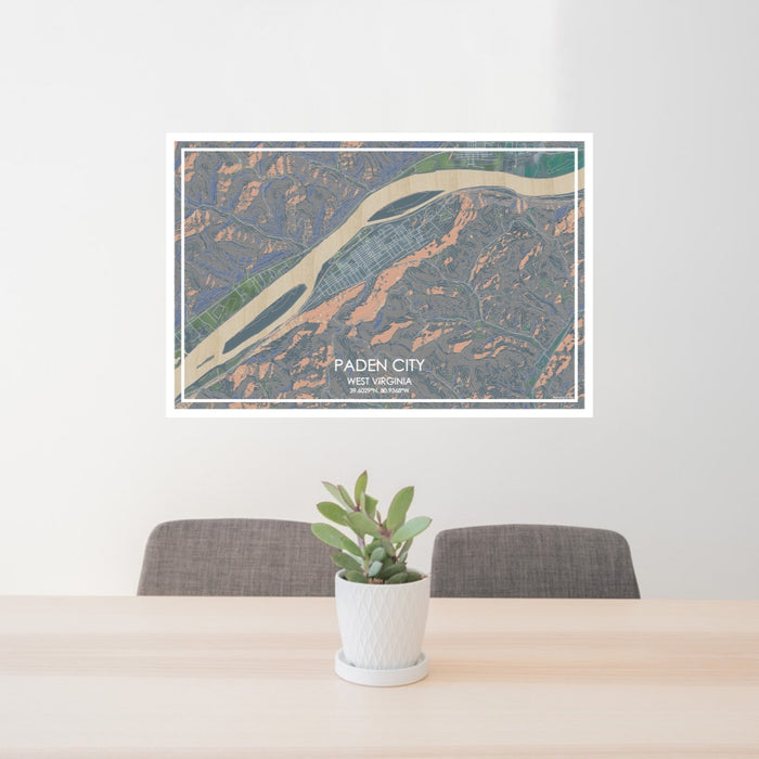 24x36 Paden City West Virginia Map Print Lanscape Orientation in Afternoon Style Behind 2 Chairs Table and Potted Plant