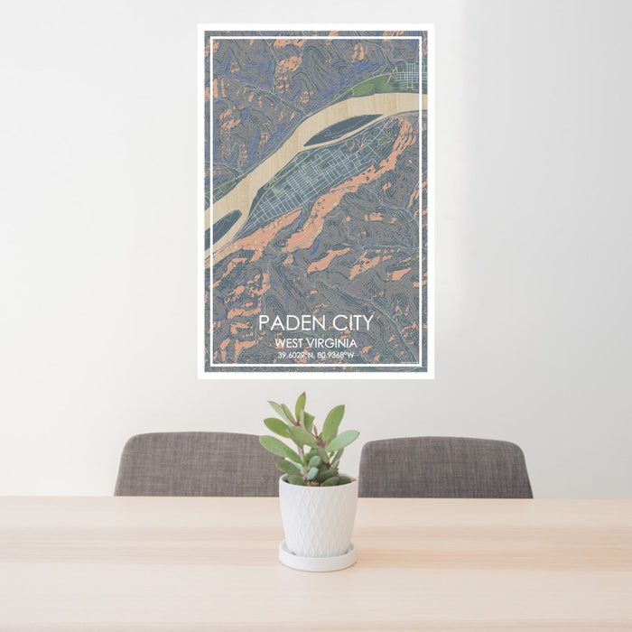 24x36 Paden City West Virginia Map Print Portrait Orientation in Afternoon Style Behind 2 Chairs Table and Potted Plant