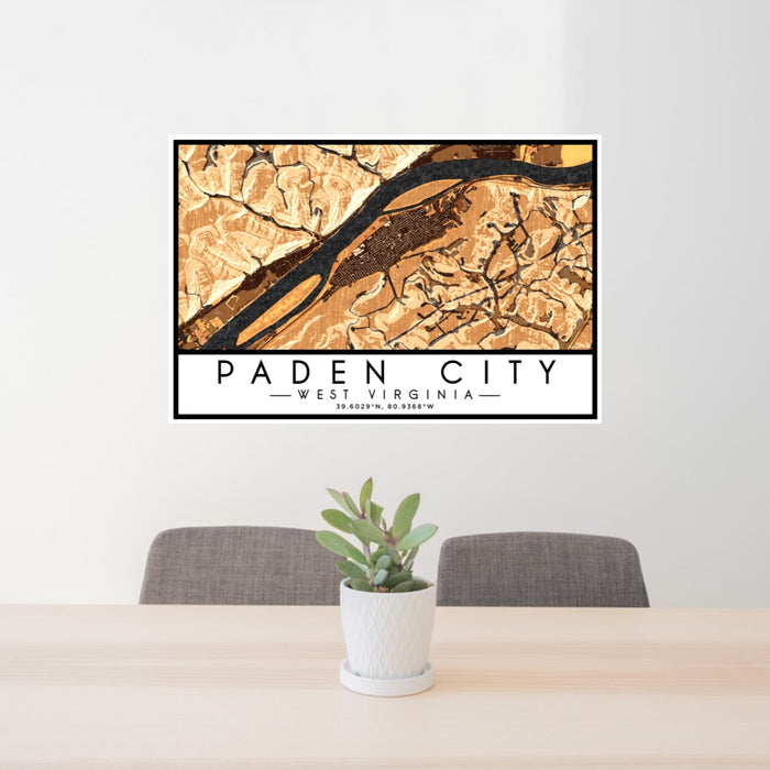 24x36 Paden City West Virginia Map Print Lanscape Orientation in Ember Style Behind 2 Chairs Table and Potted Plant