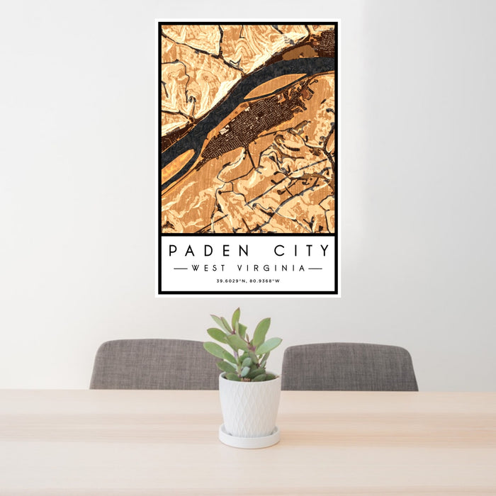 24x36 Paden City West Virginia Map Print Portrait Orientation in Ember Style Behind 2 Chairs Table and Potted Plant