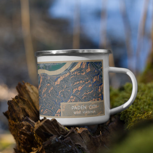 Right View Custom Paden City West Virginia Map Enamel Mug in Afternoon on Grass With Trees in Background