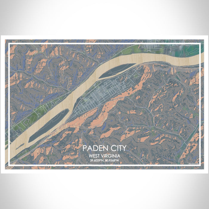 Paden City West Virginia Map Print Landscape Orientation in Afternoon Style With Shaded Background