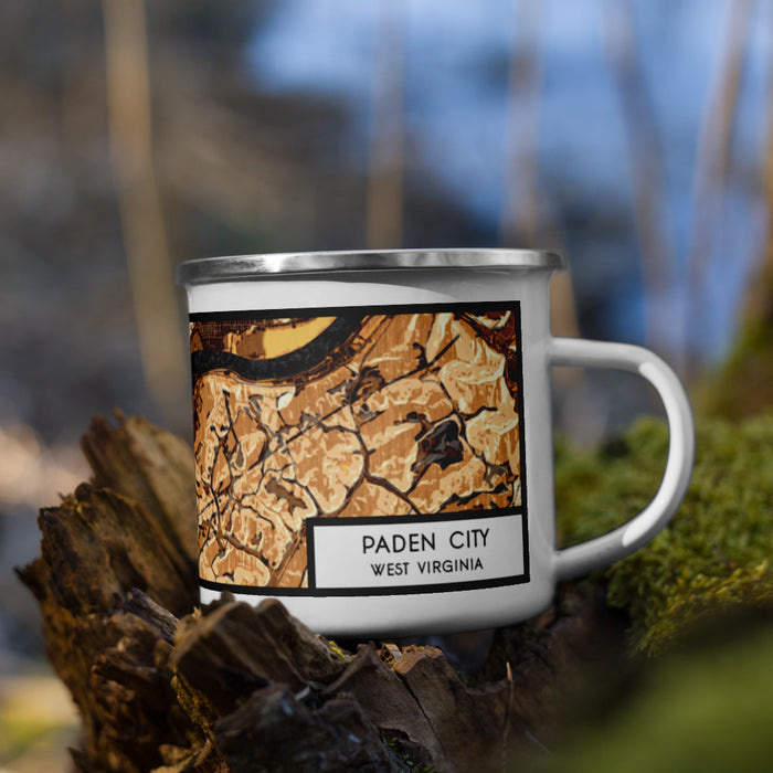 Right View Custom Paden City West Virginia Map Enamel Mug in Ember on Grass With Trees in Background