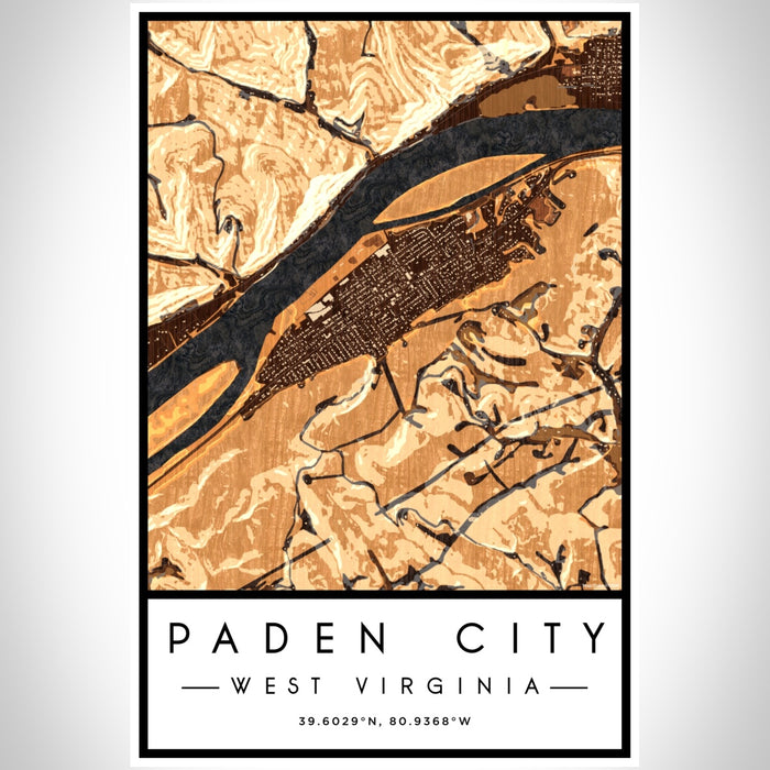 Paden City West Virginia Map Print Portrait Orientation in Ember Style With Shaded Background