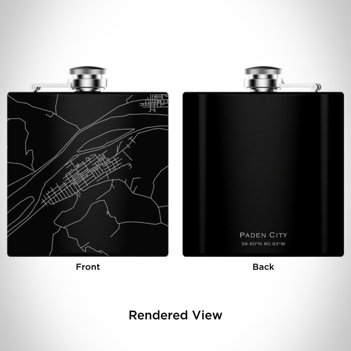 Rendered View of Paden City West Virginia Map Engraving on 6oz Stainless Steel Flask in Black