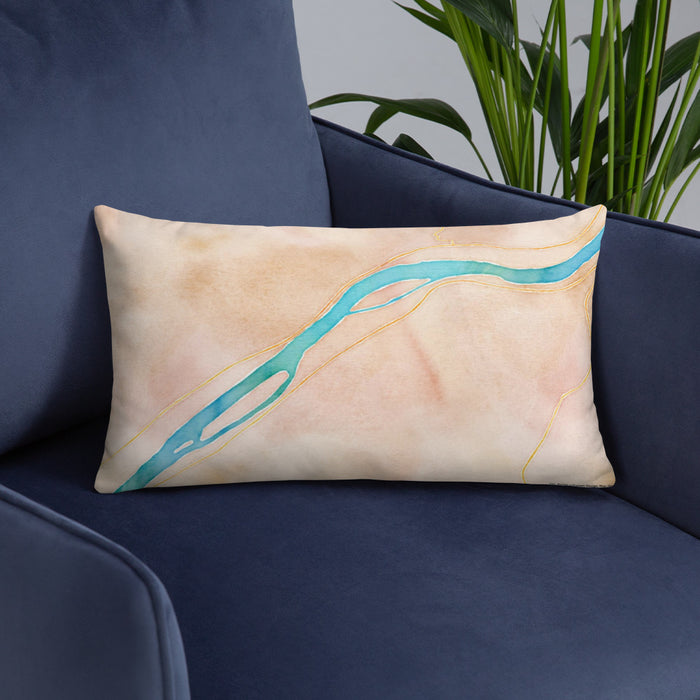 Custom Paden City West Virginia Map Throw Pillow in Watercolor on Blue Colored Chair