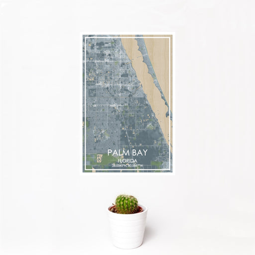 12x18 Palm Bay Florida Map Print Portrait Orientation in Afternoon Style With Small Cactus Plant in White Planter