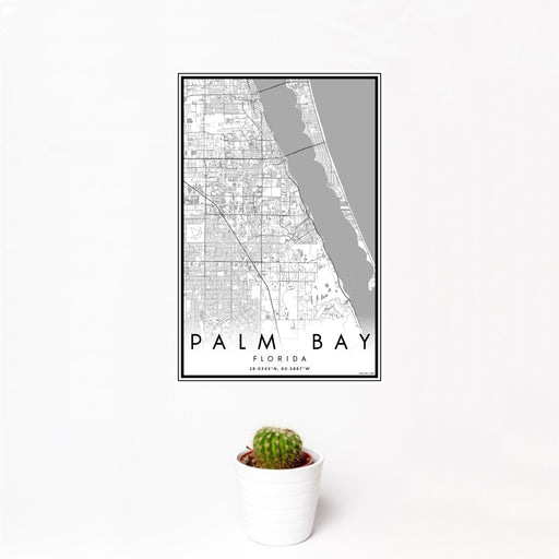 12x18 Palm Bay Florida Map Print Portrait Orientation in Classic Style With Small Cactus Plant in White Planter