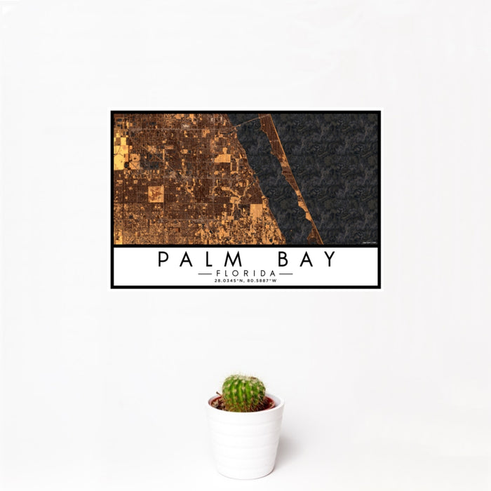 12x18 Palm Bay Florida Map Print Landscape Orientation in Ember Style With Small Cactus Plant in White Planter
