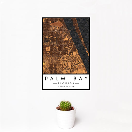 12x18 Palm Bay Florida Map Print Portrait Orientation in Ember Style With Small Cactus Plant in White Planter