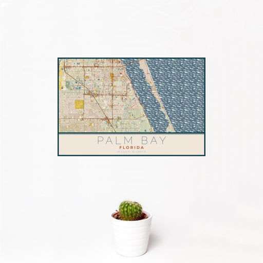 12x18 Palm Bay Florida Map Print Landscape Orientation in Woodblock Style With Small Cactus Plant in White Planter