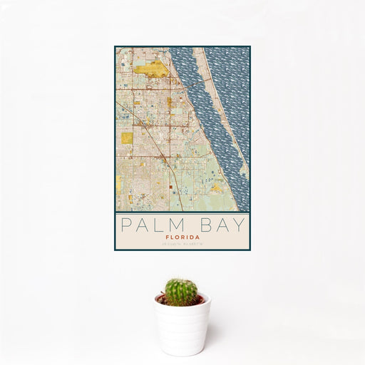 12x18 Palm Bay Florida Map Print Portrait Orientation in Woodblock Style With Small Cactus Plant in White Planter