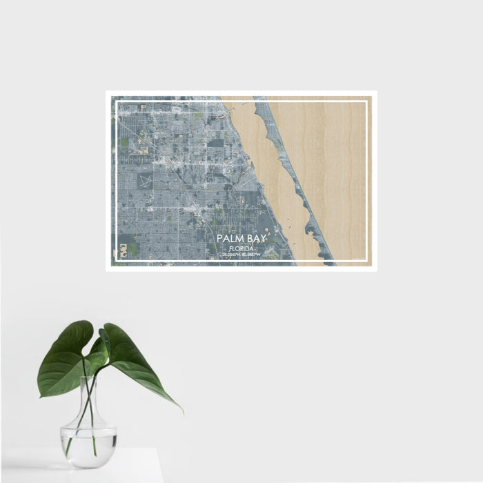 16x24 Palm Bay Florida Map Print Landscape Orientation in Afternoon Style With Tropical Plant Leaves in Water