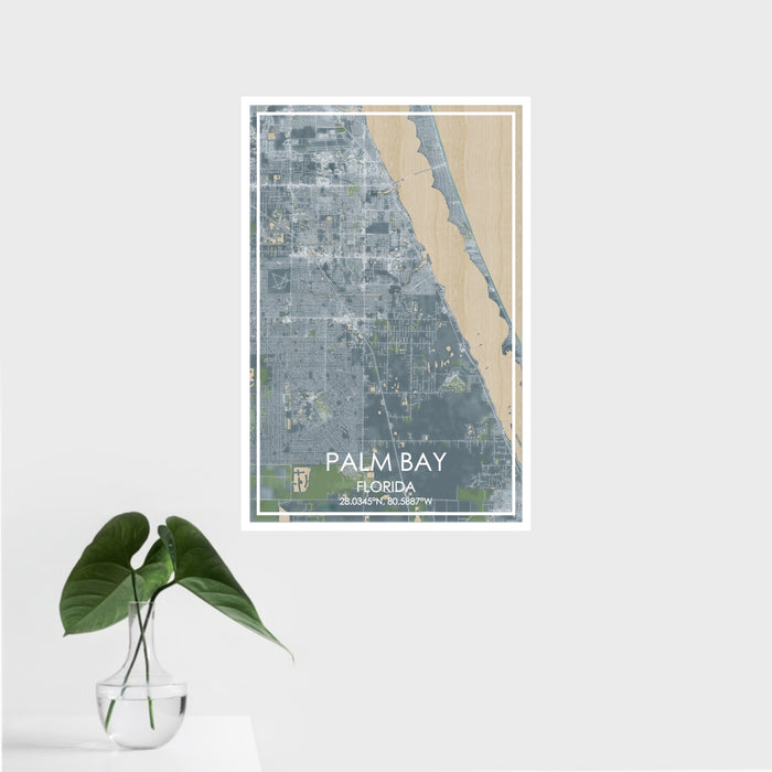16x24 Palm Bay Florida Map Print Portrait Orientation in Afternoon Style With Tropical Plant Leaves in Water