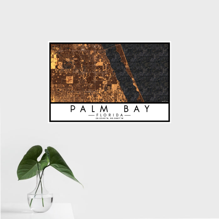 16x24 Palm Bay Florida Map Print Landscape Orientation in Ember Style With Tropical Plant Leaves in Water