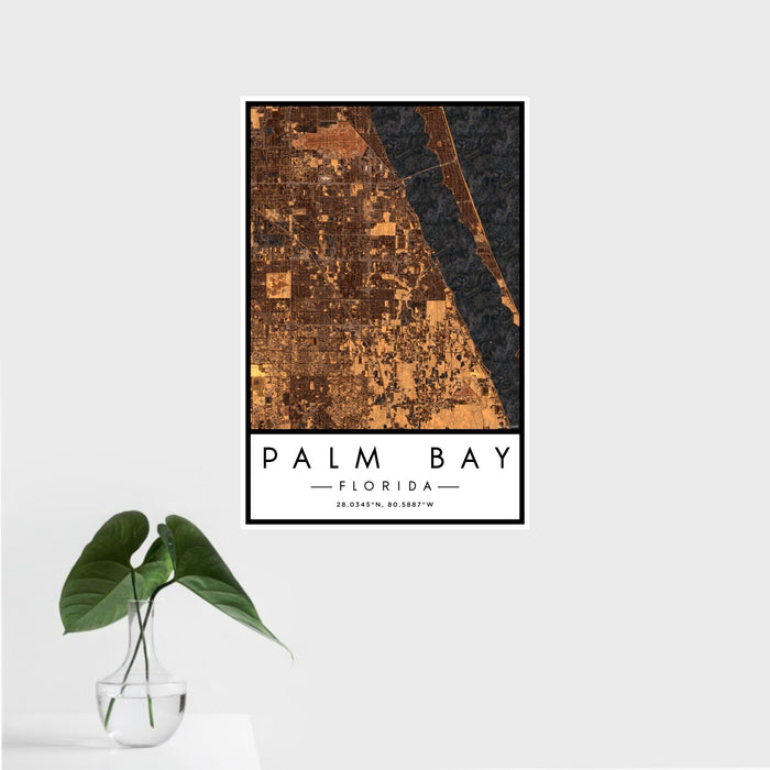16x24 Palm Bay Florida Map Print Portrait Orientation in Ember Style With Tropical Plant Leaves in Water