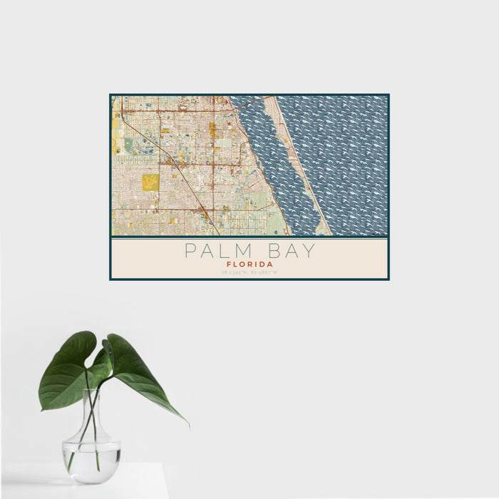 16x24 Palm Bay Florida Map Print Landscape Orientation in Woodblock Style With Tropical Plant Leaves in Water