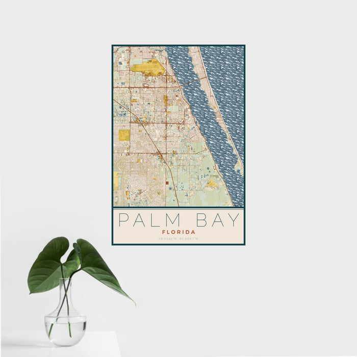 16x24 Palm Bay Florida Map Print Portrait Orientation in Woodblock Style With Tropical Plant Leaves in Water