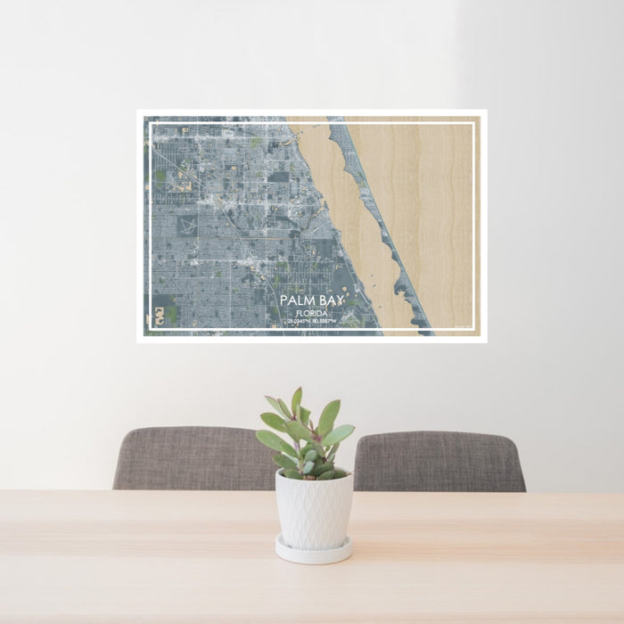 24x36 Palm Bay Florida Map Print Lanscape Orientation in Afternoon Style Behind 2 Chairs Table and Potted Plant