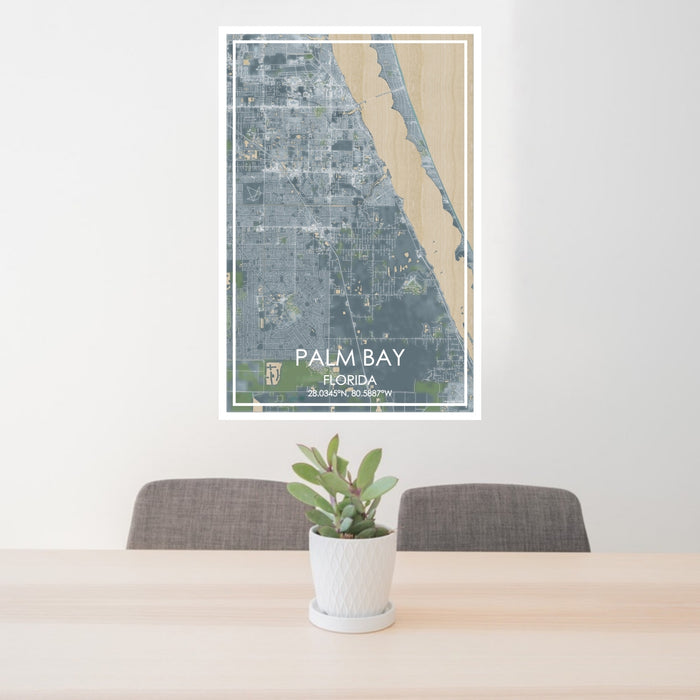 24x36 Palm Bay Florida Map Print Portrait Orientation in Afternoon Style Behind 2 Chairs Table and Potted Plant