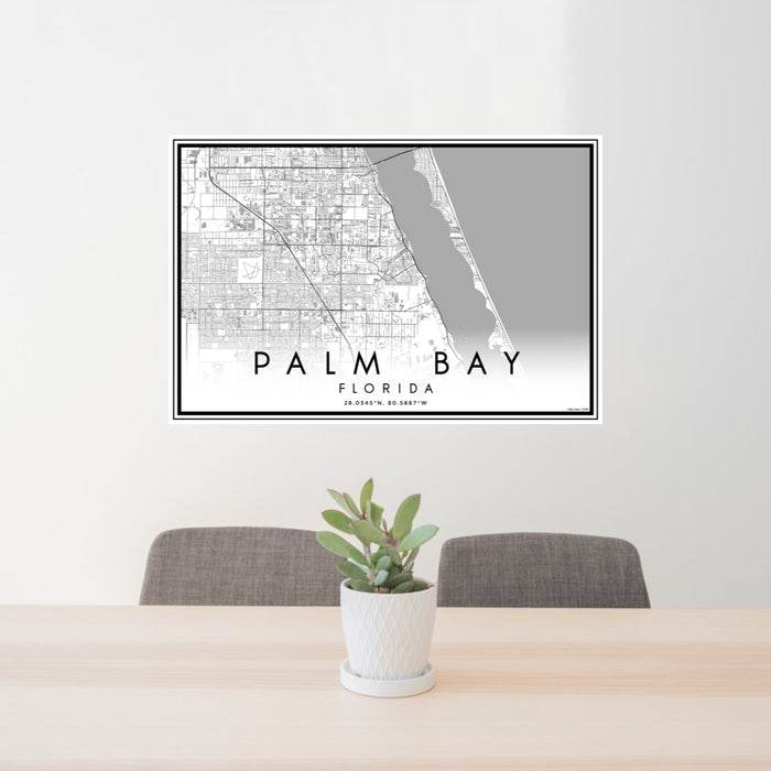 24x36 Palm Bay Florida Map Print Lanscape Orientation in Classic Style Behind 2 Chairs Table and Potted Plant