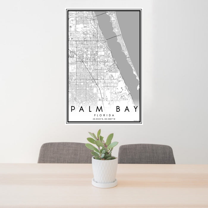 24x36 Palm Bay Florida Map Print Portrait Orientation in Classic Style Behind 2 Chairs Table and Potted Plant