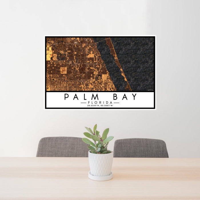 24x36 Palm Bay Florida Map Print Lanscape Orientation in Ember Style Behind 2 Chairs Table and Potted Plant