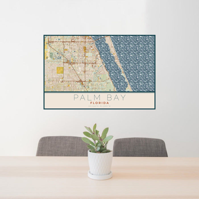 24x36 Palm Bay Florida Map Print Lanscape Orientation in Woodblock Style Behind 2 Chairs Table and Potted Plant