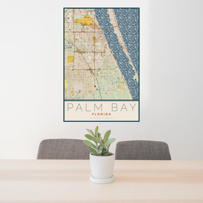 24x36 Palm Bay Florida Map Print Portrait Orientation in Woodblock Style Behind 2 Chairs Table and Potted Plant