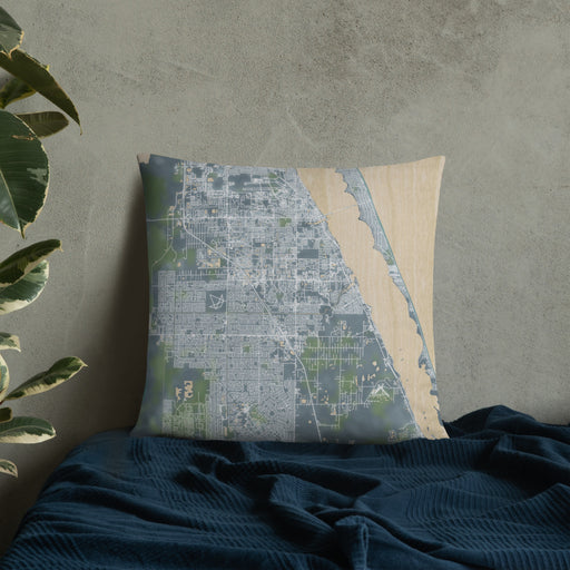 Custom Palm Bay Florida Map Throw Pillow in Afternoon on Bedding Against Wall
