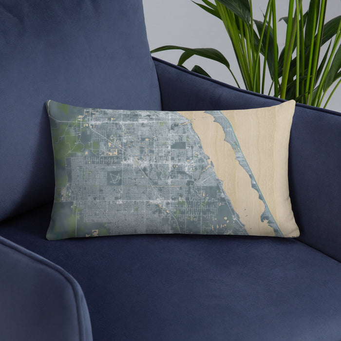 Custom Palm Bay Florida Map Throw Pillow in Afternoon on Blue Colored Chair