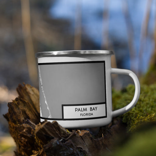 Right View Custom Palm Bay Florida Map Enamel Mug in Classic on Grass With Trees in Background