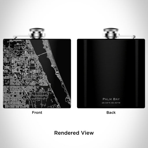 Rendered View of Palm Bay Florida Map Engraving on 6oz Stainless Steel Flask in Black