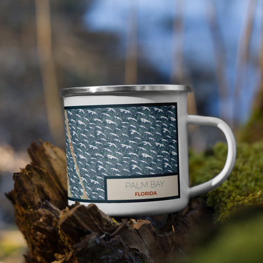 Right View Custom Palm Bay Florida Map Enamel Mug in Woodblock on Grass With Trees in Background