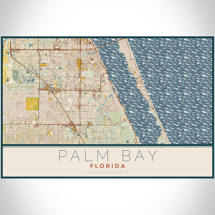 Palm Bay Florida Map Print Landscape Orientation in Woodblock Style With Shaded Background