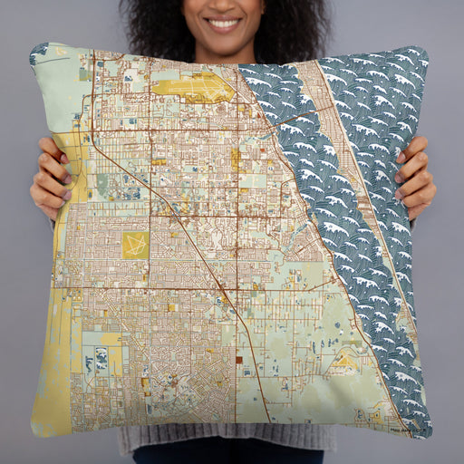 Person holding 22x22 Custom Palm Bay Florida Map Throw Pillow in Woodblock