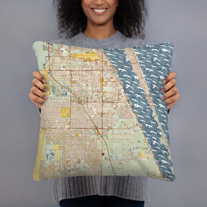 Person holding 18x18 Custom Palm Bay Florida Map Throw Pillow in Woodblock