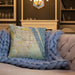 Custom Palm Bay Florida Map Throw Pillow in Woodblock on Cream Colored Couch