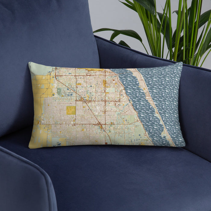 Custom Palm Bay Florida Map Throw Pillow in Woodblock on Blue Colored Chair