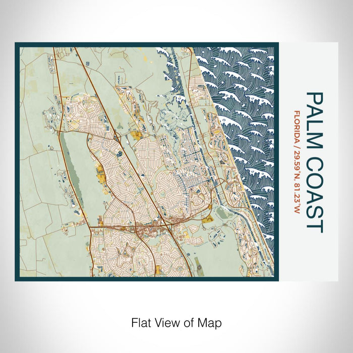 Rendered View of Palm Coast Florida Map on 20oz Stainless Steel Insulated Bottle with Bamboo Top with printed woodblock style map