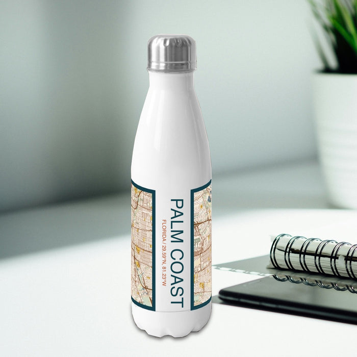 Palm Coast Florida Custom City Map Inscription Coordinates on 17oz Stainless Steel Insulated Bottle with printed woodblock style map