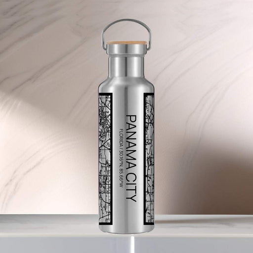 Panama City Florida Custom City Map Inscription Coordinates on 20oz Stainless Steel Insulated Bottle with Bamboo Top with printed Tactile Lines Map in Black