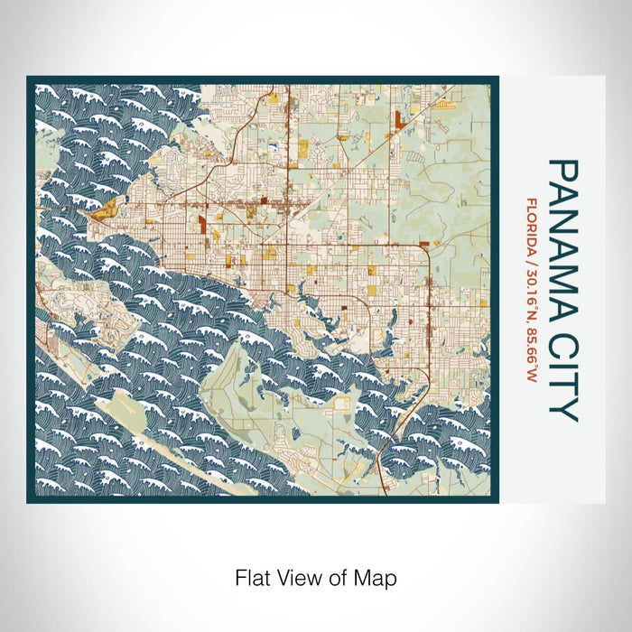 Rendered View of Panama City Florida Map on 20oz Stainless Steel Insulated Bottle with Bamboo Top with printed woodblock style map