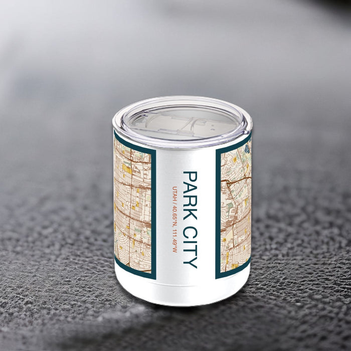 Park City Utah Custom City Map Inscription Coordinates on 10oz Stainless Steel Insulated Cup in Woodblock with Sliding Lid