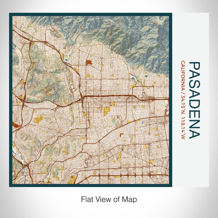 Rendered View of Pasadena California Map on 17oz Stainless Steel Insulated Tumbler in Woodblock Map Style
