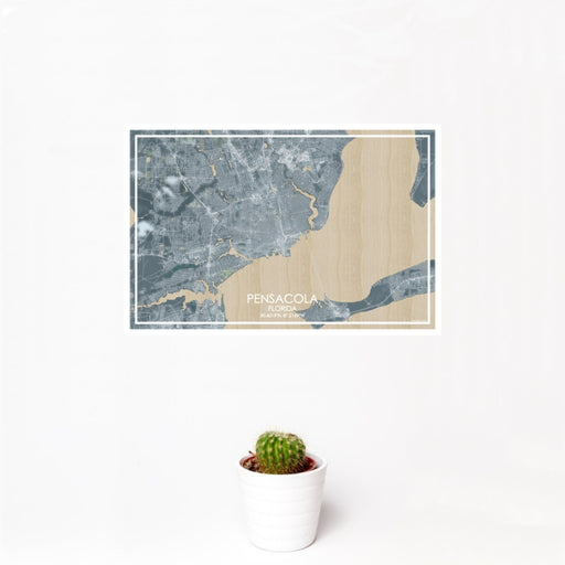 12x18 Pensacola Florida Map Print Landscape Orientation in Afternoon Style With Small Cactus Plant in White Planter